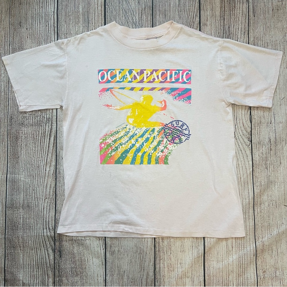 VTG 80s Ocean Pacific OP Neon Surfer Single Stitch Double Sided Shirt Mens L‎